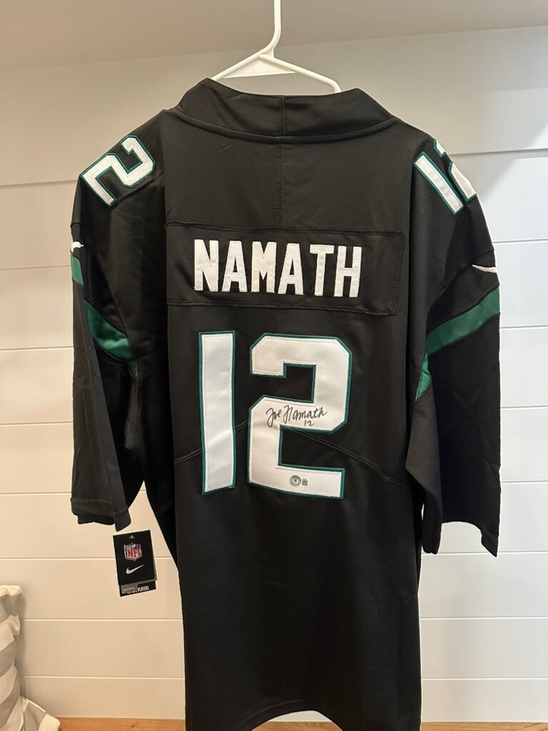Joe Namath Signed Jets Nike Replica Black #12 Jersey XL – Beckett COA