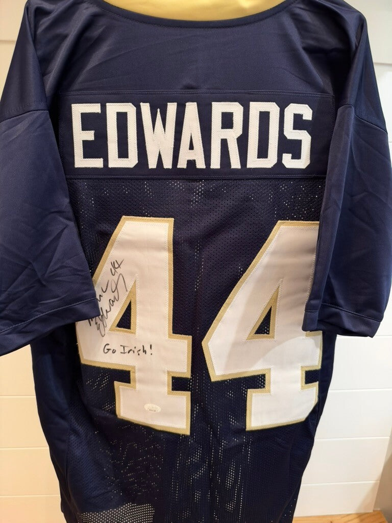 Marc Edwards Signed Notre Dame #44 Navy Custom Jersey Go Irish Inscription JSA