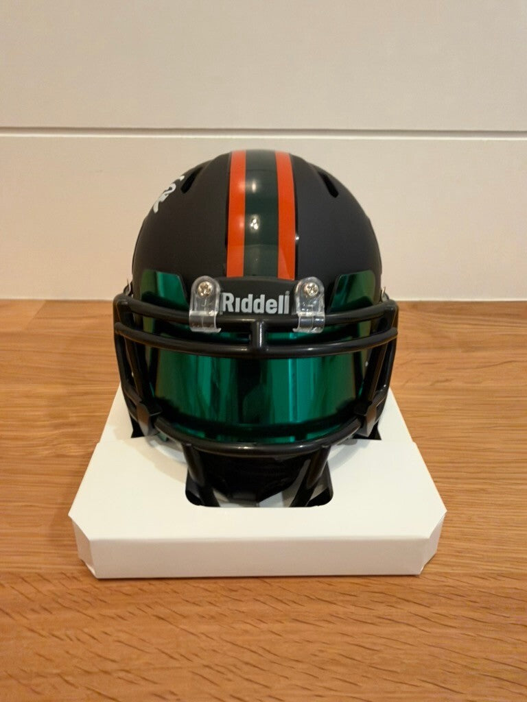 Jeremy Shockey Signed Miami Hurricanes Black Speed Mini Helmet Leaf COA Visor