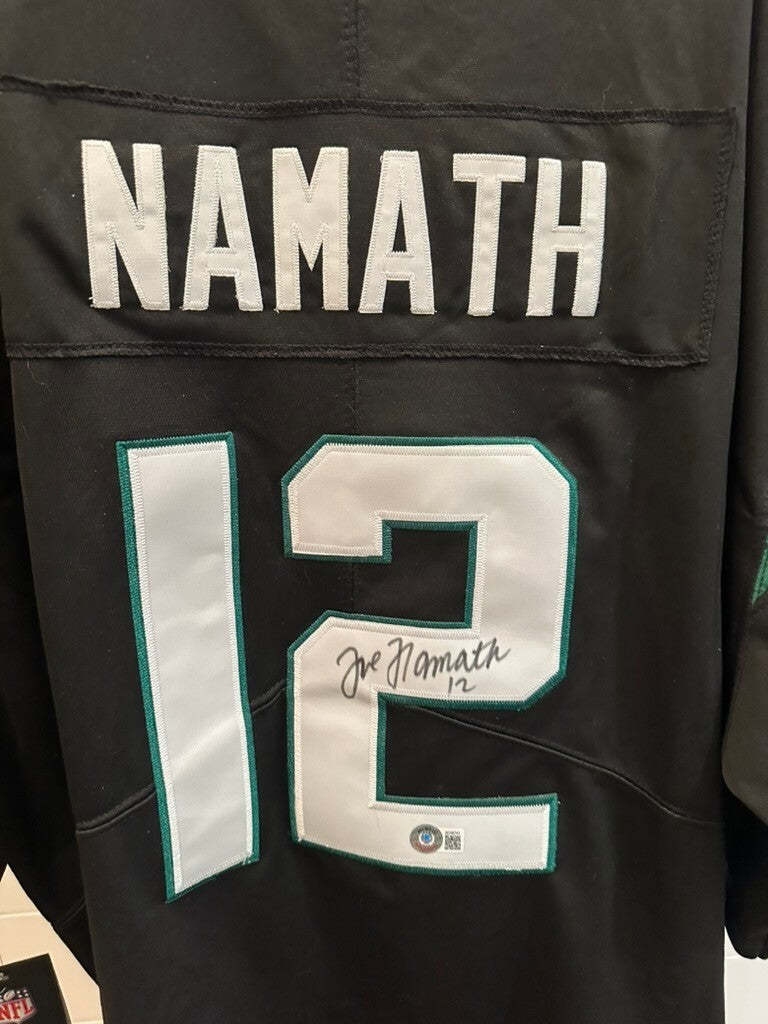 Joe Namath Signed Jets Nike Replica Black #12 Jersey XL – Beckett COA