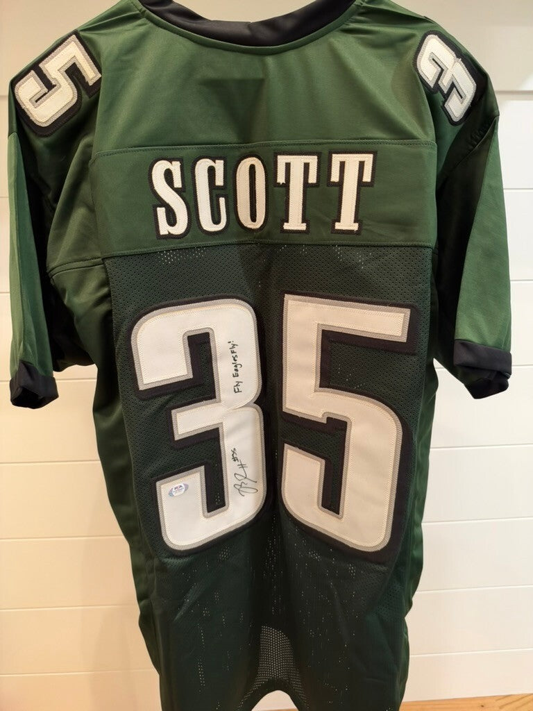 Boston Scott Signed Eagles Custom Jersey Fly Eagles Fly Inscription PSA COA