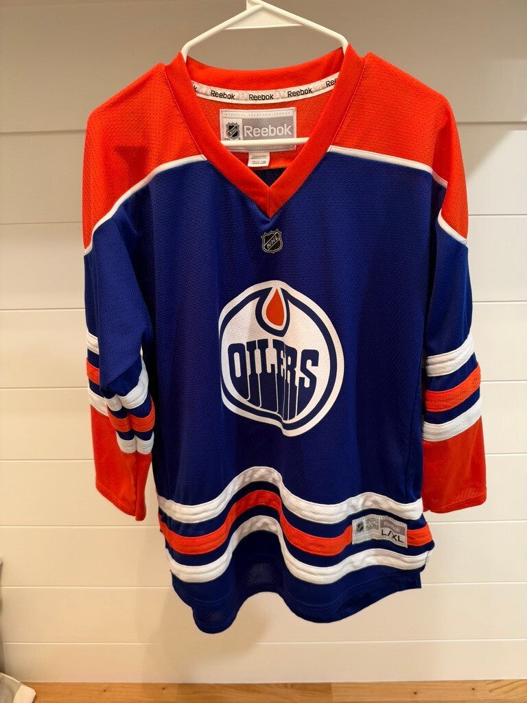 Taylor Hall Edmonton Oilers #4 Reebok Youth L/XL Blue Orange NHL Hockey Jersey