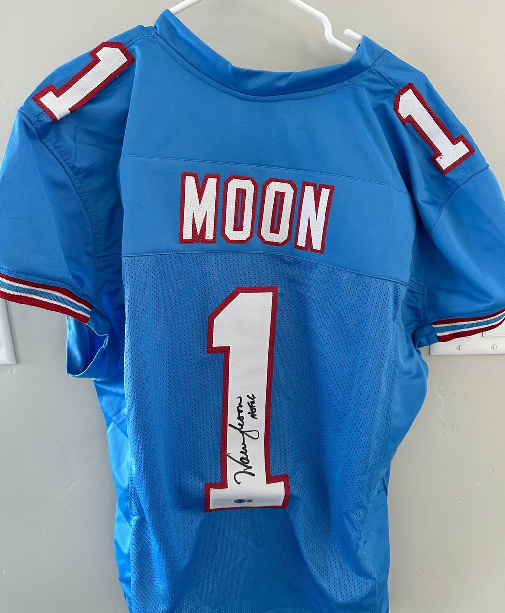 Warren Moon Signed Oilers Jersey with game cut sleeves Beckett Witnessed HOF 06