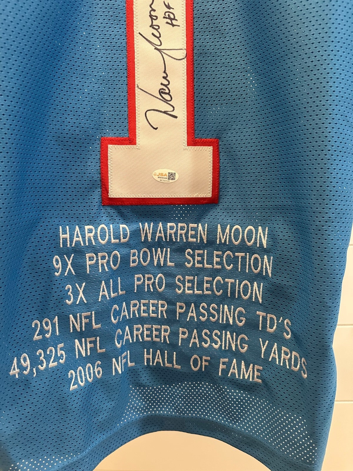 Warren Moon Signed Houston Oilers Stat Jersey – HOF 06 – JSA Witnessed