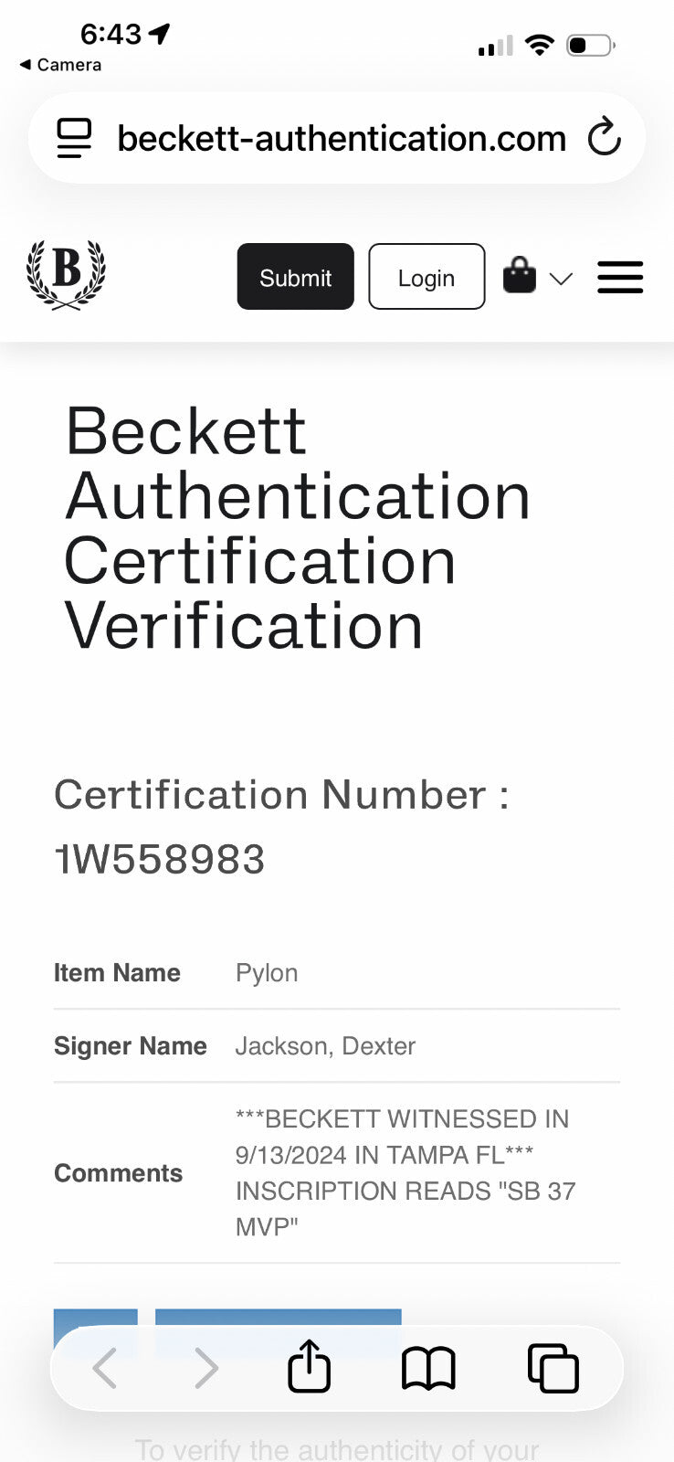 Dexter Jackson Signed End Zone Pylon – SB 37 MVP – Beckett Witnessed