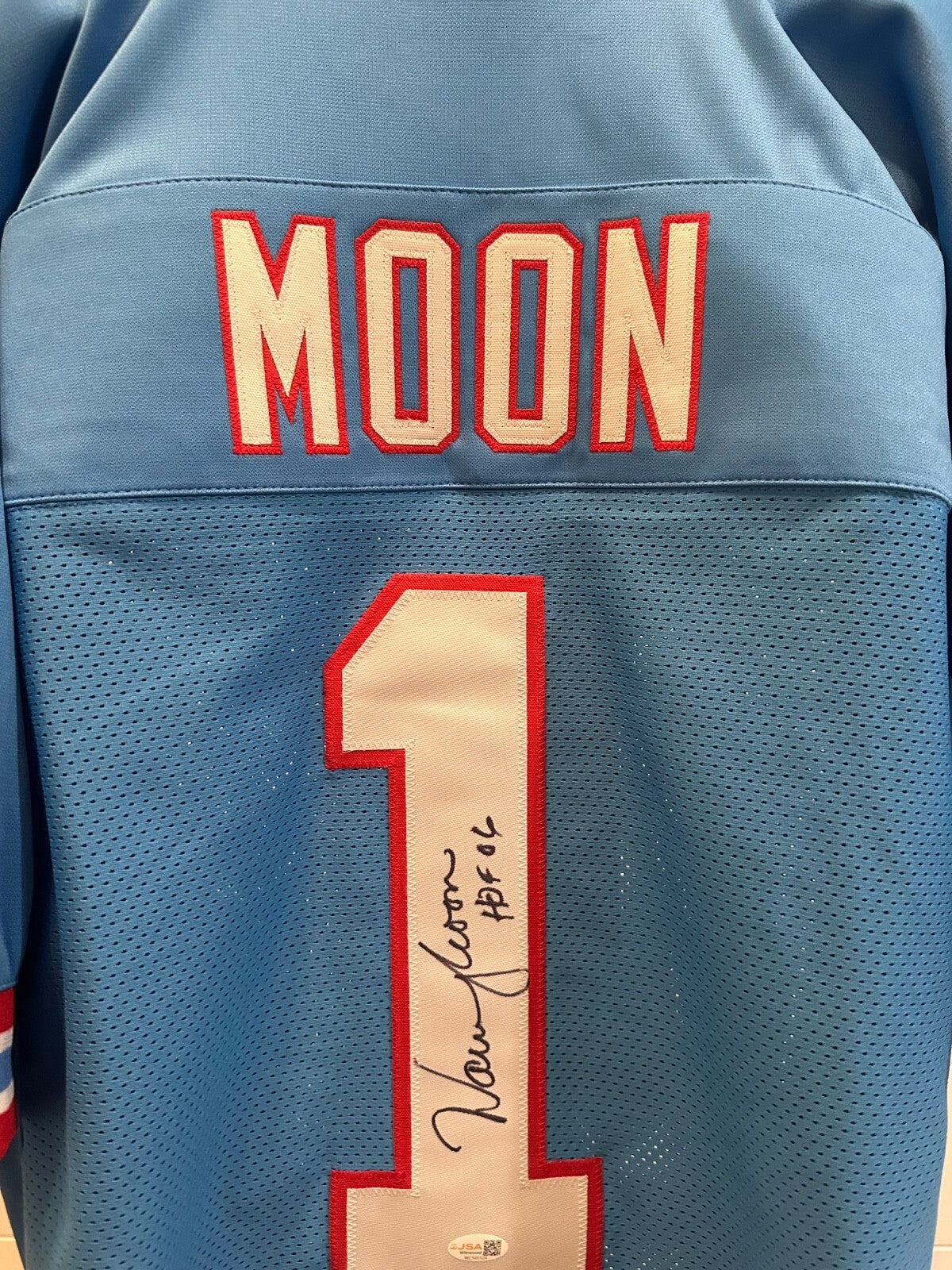 Warren Moon Signed Houston Oilers Stat Jersey – HOF 06 – JSA Witnessed
